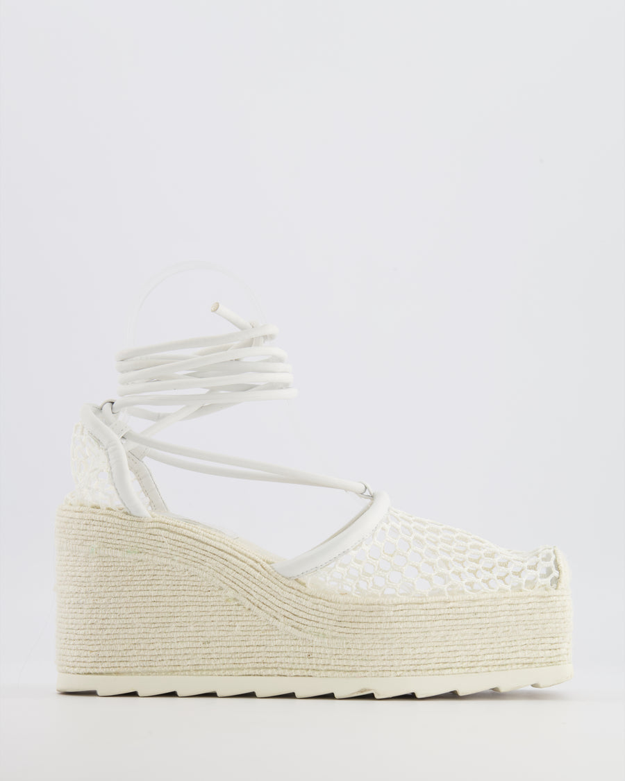 Bottega Veneta White Mesh Espadrilles Heel Pumps with Square Toe and Ankle Tie Detail Size EU 37