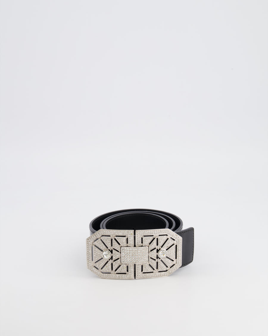Valentino Black Patent Leather Belt with Detachable Crystal Embellished Art-Deco Buckle 85cm