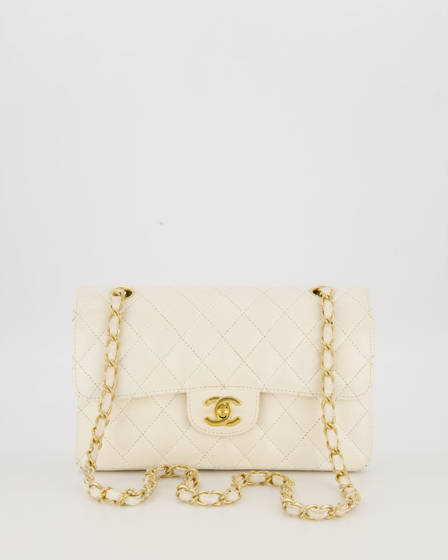 Chanel Vintage White Small Classic Double Flap Bag in Caviar Leather with 24K Gold Hardware