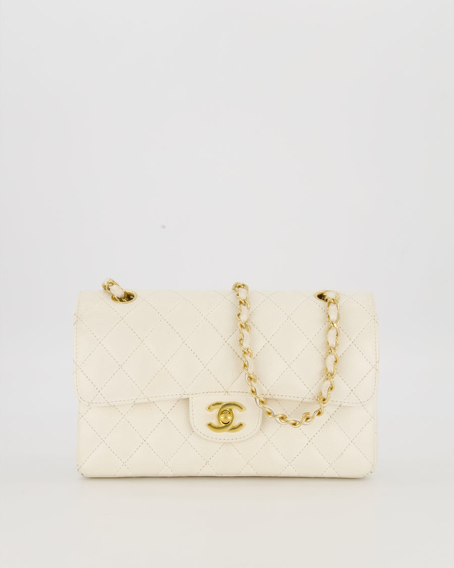 Chanel Vintage White Small Classic Double Flap Bag in Caviar Leather with 24K Gold Hardware