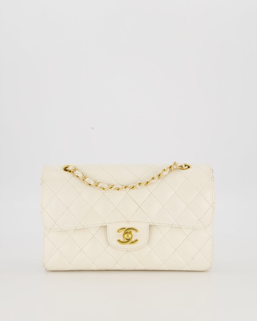 Chanel Vintage White Small Classic Double Flap Bag in Caviar Leather with 24K Gold Hardware