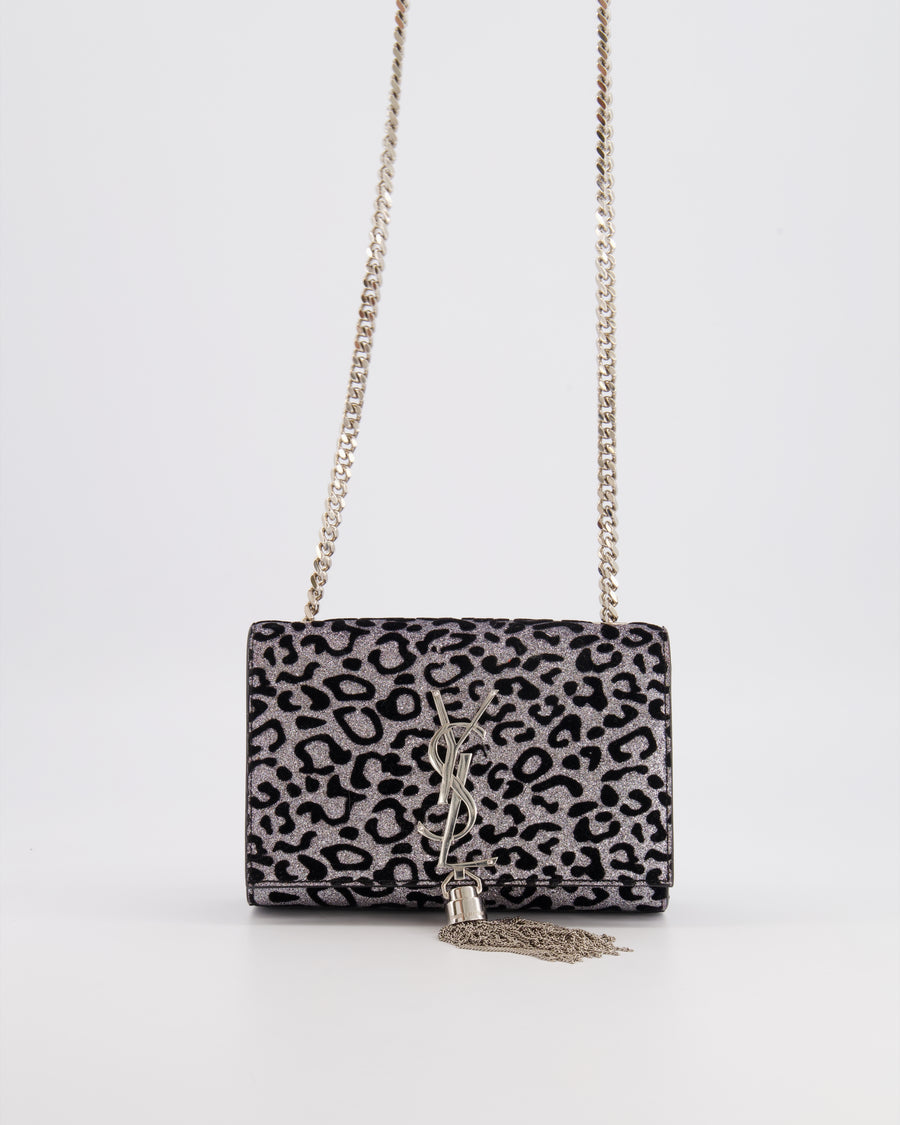 Saint Laurent Silver Glitter and Black Velvet Leopard Print Monogram Kate Tassel Bag with Silver Hardware