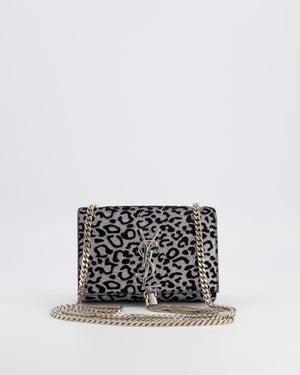 Saint Laurent Silver Glitter and Black Velvet Leopard Print Monogram Kate Tassel Bag with Silver Hardware