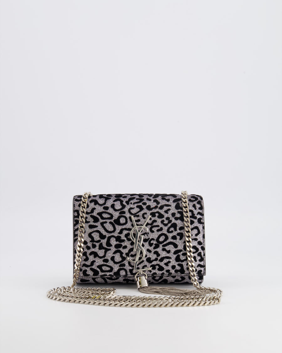Saint Laurent Silver Glitter and Black Velvet Leopard Print Monogram Kate Tassel Bag with Silver Hardware