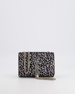 Saint Laurent Silver Glitter and Black Velvet Leopard Print Monogram Kate Tassel Bag with Silver Hardware