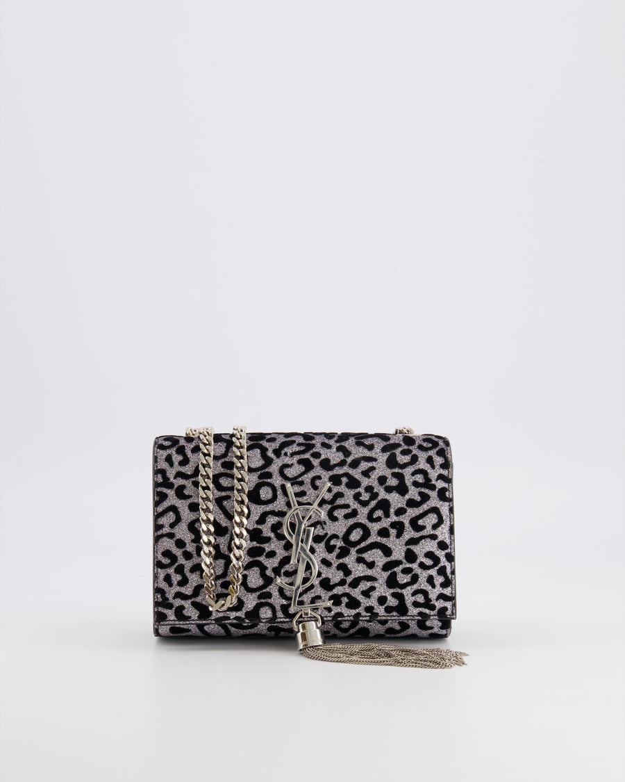 Saint Laurent Silver Glitter and Black Velvet Leopard Print Monogram Kate Tassel Bag with Silver Hardware
