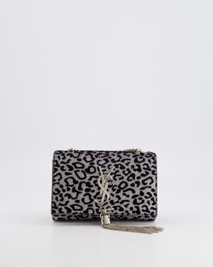 Saint Laurent Silver Glitter and Black Velvet Leopard Print Monogram Kate Tassel Bag with Silver Hardware