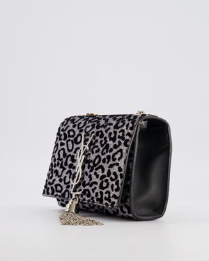 Saint Laurent Silver Glitter and Black Velvet Leopard Print Monogram Kate Tassel Bag with Silver Hardware