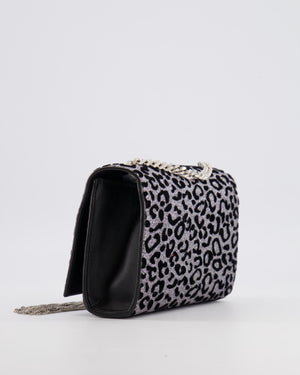 Saint Laurent Silver Glitter and Black Velvet Leopard Print Monogram Kate Tassel Bag with Silver Hardware