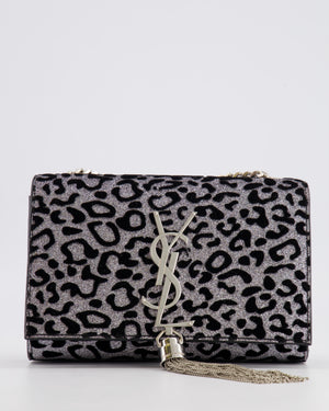 Saint Laurent Silver Glitter and Black Velvet Leopard Print Monogram Kate Tassel Bag with Silver Hardware