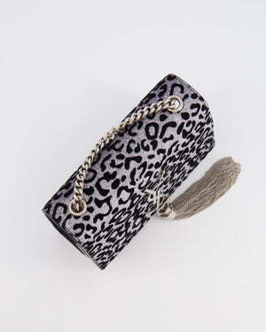 Saint Laurent Silver Glitter and Black Velvet Leopard Print Monogram Kate Tassel Bag with Silver Hardware