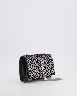 Saint Laurent Silver Glitter and Black Velvet Leopard Print Monogram Kate Tassel Bag with Silver Hardware