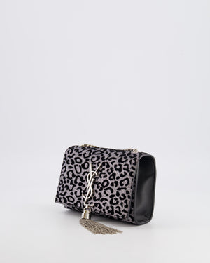 Saint Laurent Silver Glitter and Black Velvet Leopard Print Monogram Kate Tassel Bag with Silver Hardware