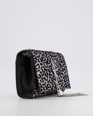 Saint Laurent Silver Glitter and Black Velvet Leopard Print Monogram Kate Tassel Bag with Silver Hardware