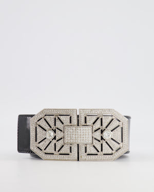 Valentino Black Patent Leather Belt with Detachable Crystal Embellished Art-Deco Buckle 85cm