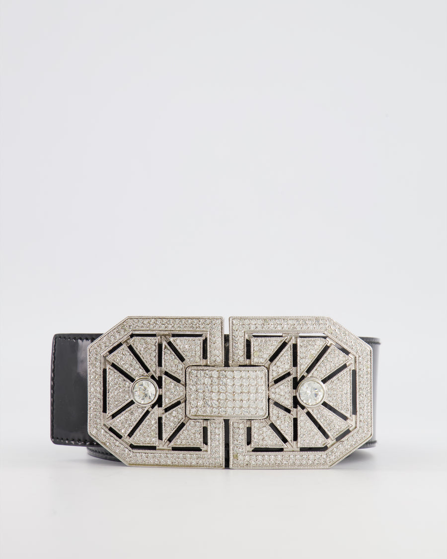 Valentino Black Patent Leather Belt with Detachable Crystal Embellished Art-Deco Buckle 85cm