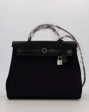 Hermès Herbag 31 Zip Bag in Noir Toile Officier Canvas, Noir Vache Hunter Leather with Palladium Hardware