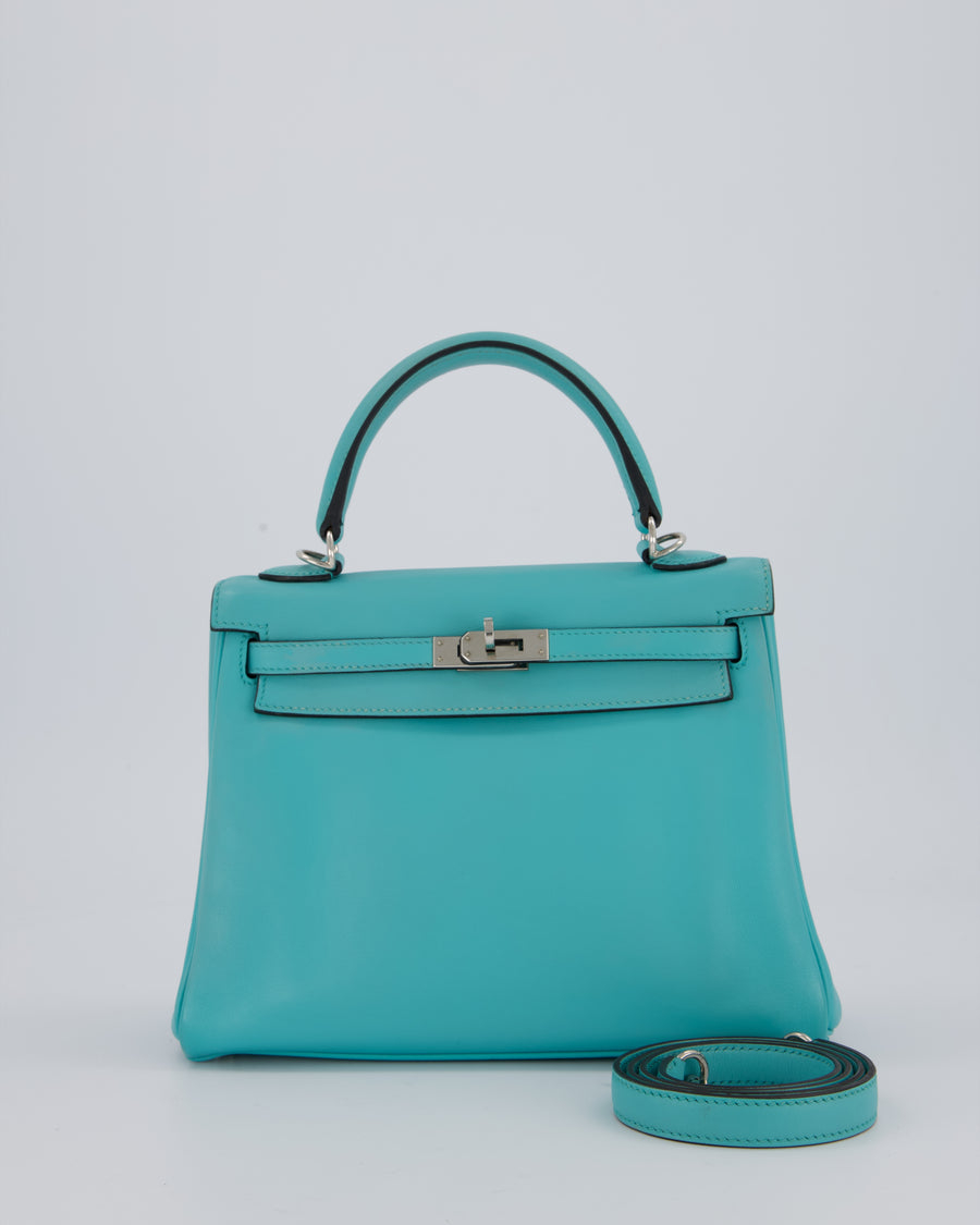 Hermès Kelly 25 Retourne Bag in Bleu Atoll Swift Leather with Palladium Hardware