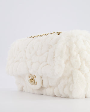 *RARE* Chanel White Rabbit Fur Classic Single Flap Bag with Camellia Flower Motif and Champagne Gold Hardware