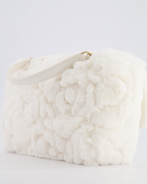 *RARE* Chanel White Rabbit Fur Classic Single Flap Bag with Camellia Flower Motif and Champagne Gold Hardware