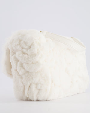*RARE* Chanel White Rabbit Fur Classic Single Flap Bag with Camellia Flower Motif and Champagne Gold Hardware