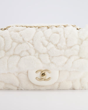 *RARE* Chanel White Rabbit Fur Classic Single Flap Bag with Camellia Flower Motif and Champagne Gold Hardware