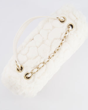 *RARE* Chanel White Rabbit Fur Classic Single Flap Bag with Camellia Flower Motif and Champagne Gold Hardware
