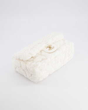 *RARE* Chanel White Rabbit Fur Classic Single Flap Bag with Camellia Flower Motif and Champagne Gold Hardware