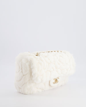*RARE* Chanel White Rabbit Fur Classic Single Flap Bag with Camellia Flower Motif and Champagne Gold Hardware