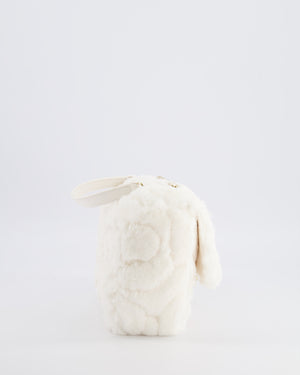*RARE* Chanel White Rabbit Fur Classic Single Flap Bag with Camellia Flower Motif and Champagne Gold Hardware