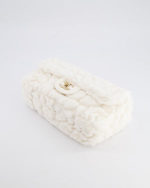 *RARE* Chanel White Rabbit Fur Classic Single Flap Bag with Camellia Flower Motif and Champagne Gold Hardware