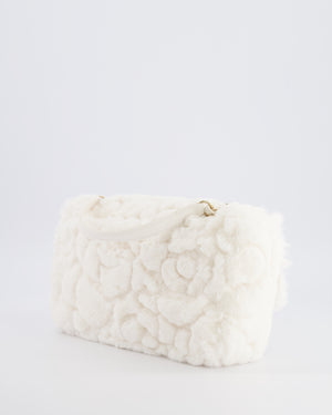 *RARE* Chanel White Rabbit Fur Classic Single Flap Bag with Camellia Flower Motif and Champagne Gold Hardware