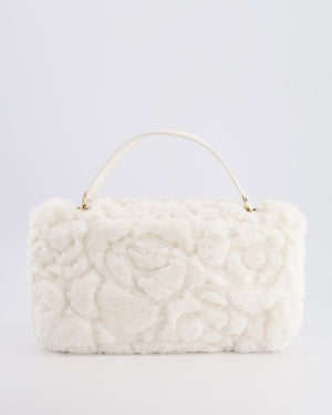 *RARE* Chanel White Rabbit Fur Classic Single Flap Bag with Camellia Flower Motif and Champagne Gold Hardware