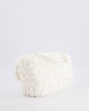 *RARE* Chanel White Rabbit Fur Classic Single Flap Bag with Camellia Flower Motif and Champagne Gold Hardware