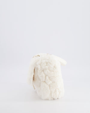 *RARE* Chanel White Rabbit Fur Classic Single Flap Bag with Camellia Flower Motif and Champagne Gold Hardware