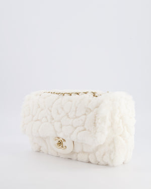 *RARE* Chanel White Rabbit Fur Classic Single Flap Bag with Camellia Flower Motif and Champagne Gold Hardware