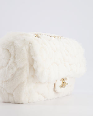 *RARE* Chanel White Rabbit Fur Classic Single Flap Bag with Camellia Flower Motif and Champagne Gold Hardware
