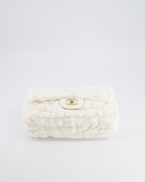 *RARE* Chanel White Rabbit Fur Classic Single Flap Bag with Camellia Flower Motif and Champagne Gold Hardware