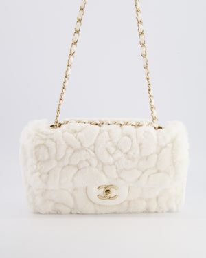 *RARE* Chanel White Rabbit Fur Classic Single Flap Bag with Camellia Flower Motif and Champagne Gold Hardware