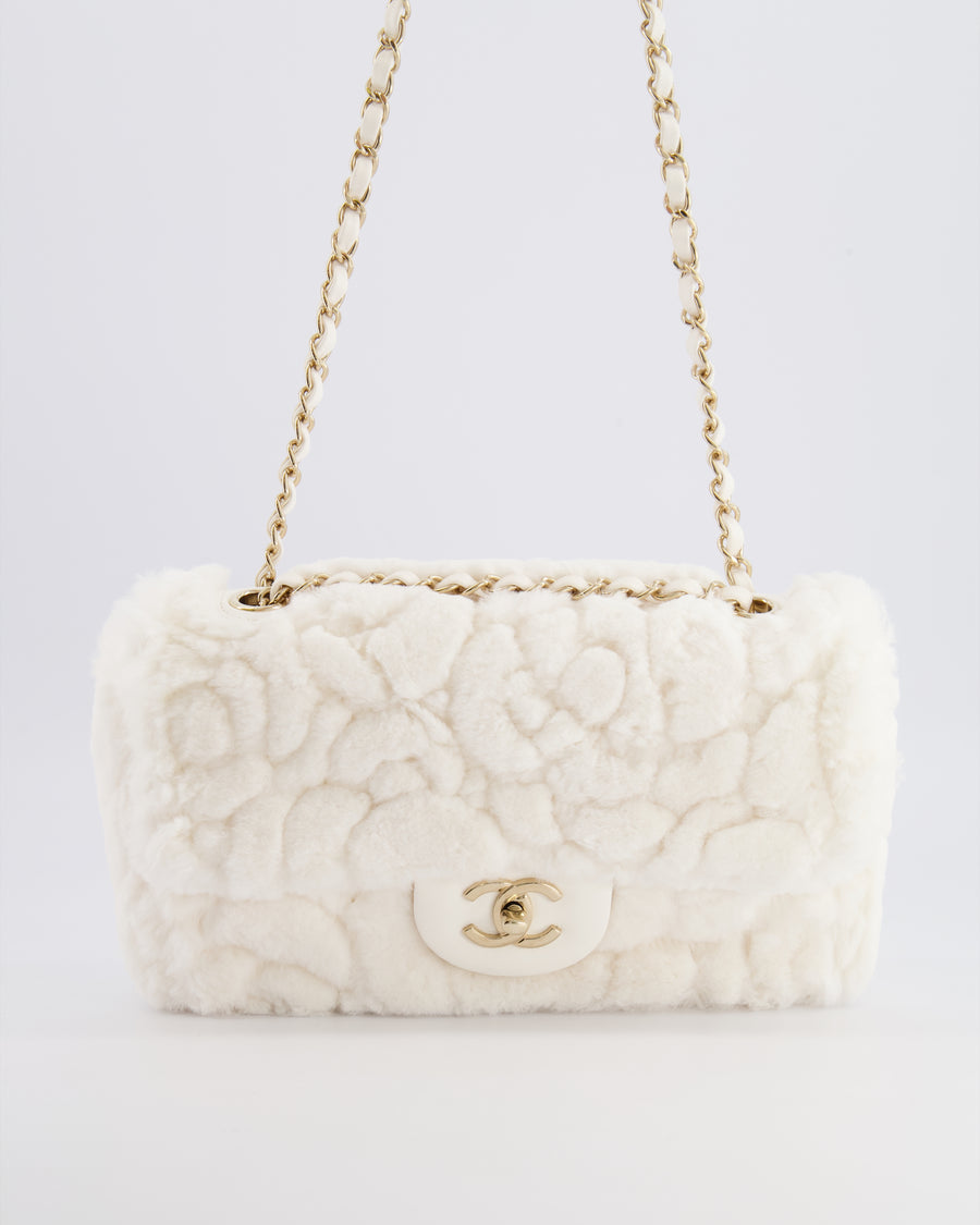 *RARE* Chanel White Rabbit Fur Classic Single Flap Bag with Camellia Flower Motif and Champagne Gold Hardware