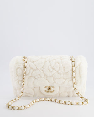 *RARE* Chanel White Rabbit Fur Classic Single Flap Bag with Camellia Flower Motif and Champagne Gold Hardware