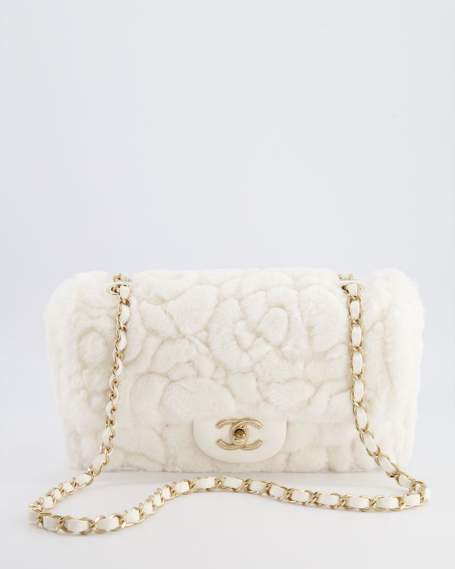 *RARE* Chanel White Rabbit Fur Classic Single Flap Bag with Camellia Flower Motif and Champagne Gold Hardware