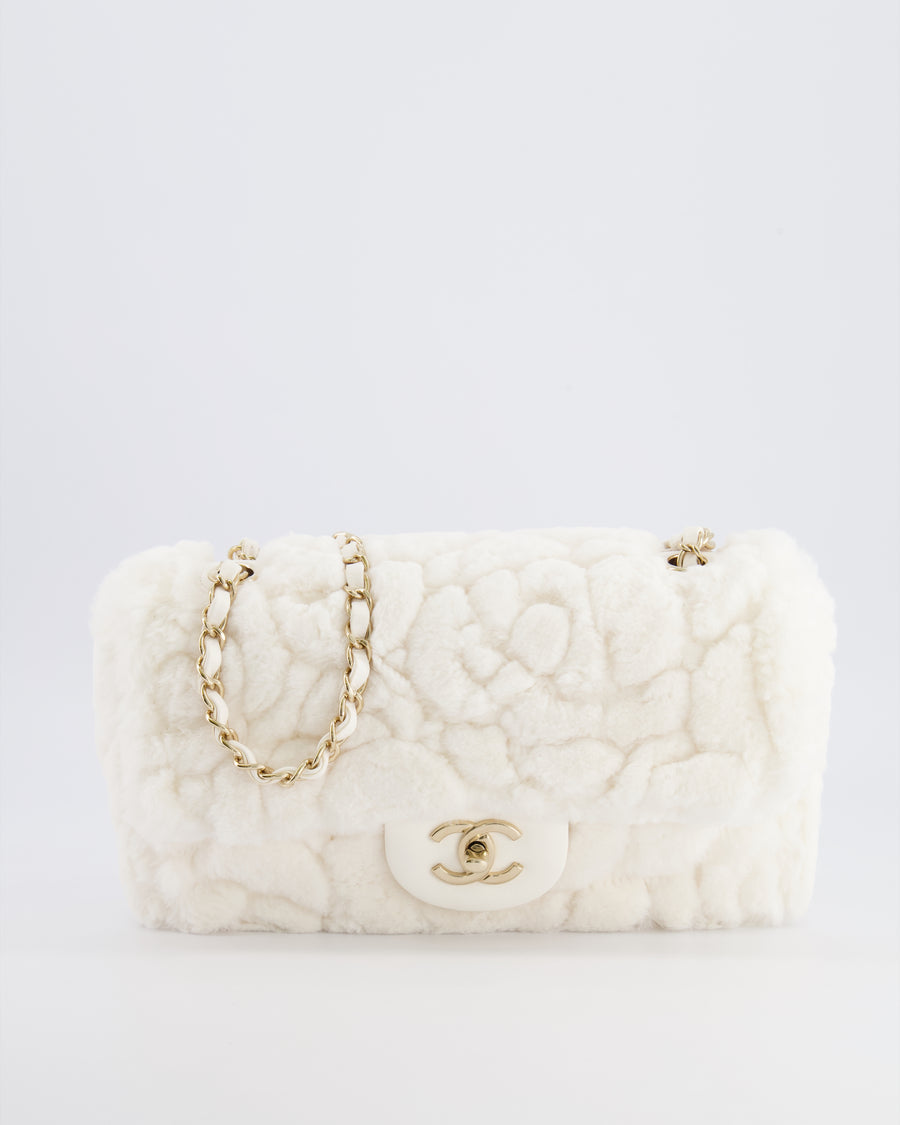 *RARE* Chanel White Rabbit Fur Classic Single Flap Bag with Camellia Flower Motif and Champagne Gold Hardware