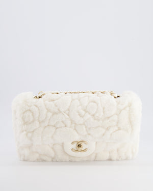 *RARE* Chanel White Rabbit Fur Classic Single Flap Bag with Camellia Flower Motif and Champagne Gold Hardware