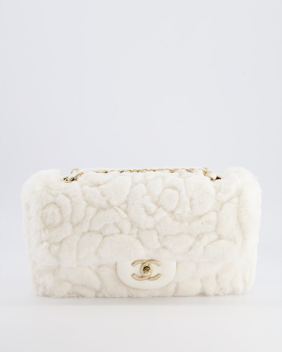 *RARE* Chanel White Rabbit Fur Classic Single Flap Bag with Camellia Flower Motif and Champagne Gold Hardware