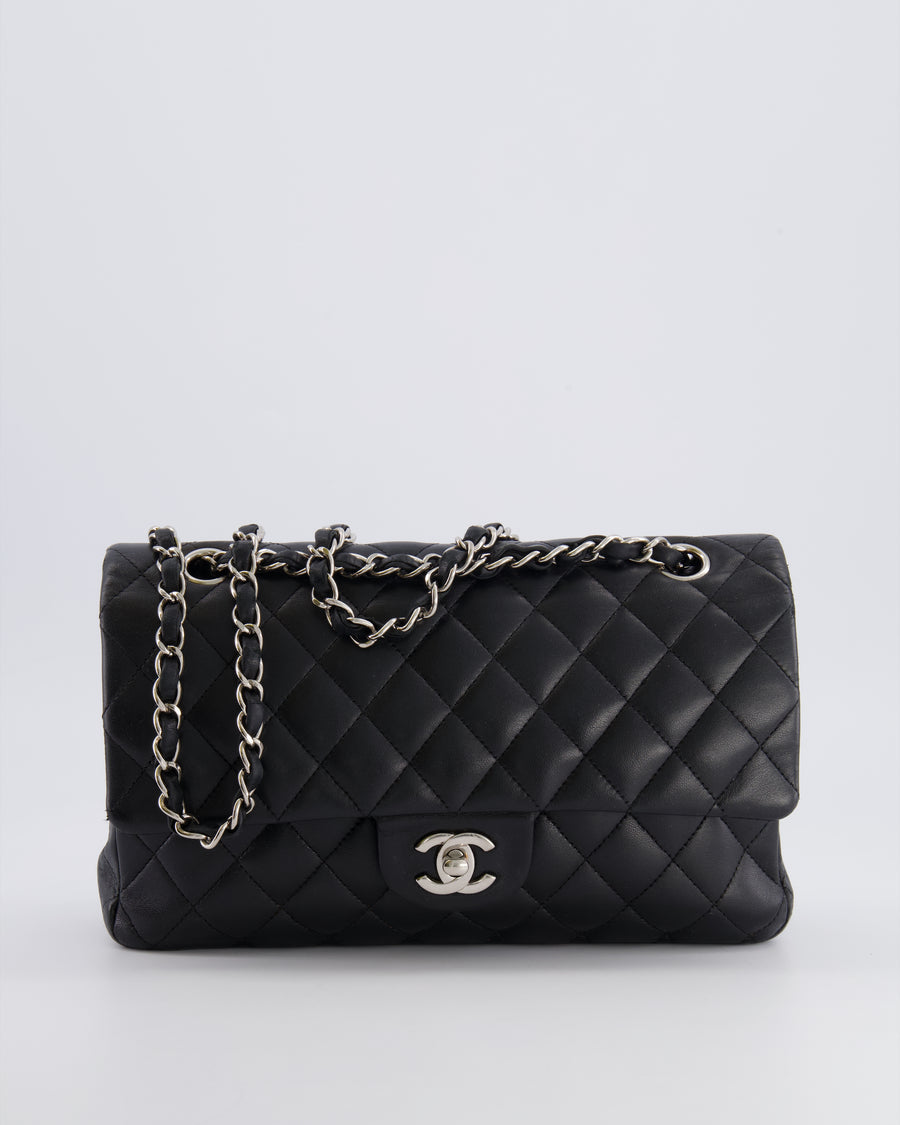 Chanel Medium Black Classic Double Flap Bag in Lambskin Leather with Silver Hardware