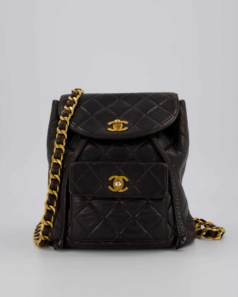 Chanel Dark Brown Vintage Medium Duma Backpack Bag in Lambskin Leather with 24K Gold Hardware