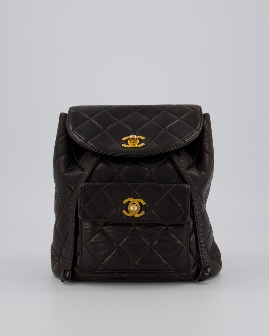 Chanel Dark Brown Vintage Medium Duma Backpack Bag in Lambskin Leather with 24K Gold Hardware