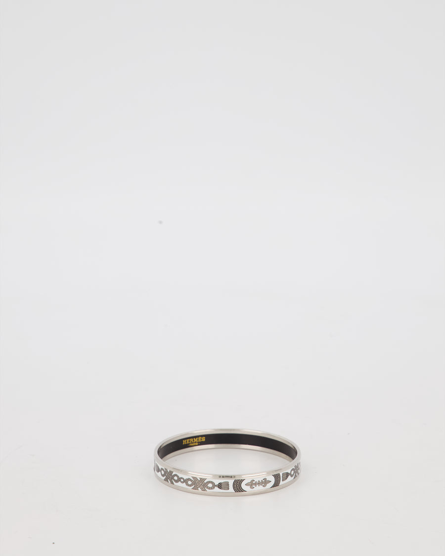 Hermès Enamel Printed Narrow Grand Apparat Bangle in White and Silver Hardware