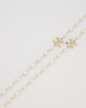 Chanel Pearl Long Necklace with CC Logo Crystal Embellishments and Silver Hardware